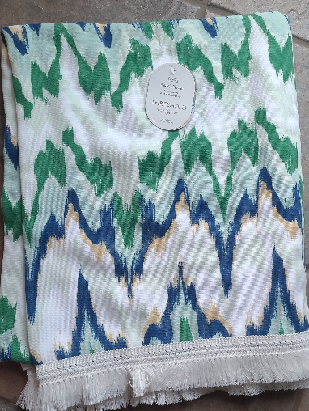 NWT! Threshold Ikat geen blue oversized Jumbo Beach Towel fringe trim